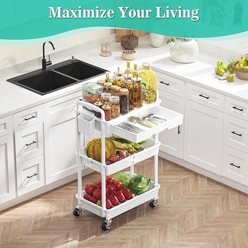 SUNALLY 3 Tier Rolling Cart with Drawer, Bathroom Storage Organizer with 2 Lockable Wheels, Multifunctional Rolling Storage Cart for Bathroom, Kitchen, Office, Craft, Makeup, Baby Essentials, White thumbnail 2