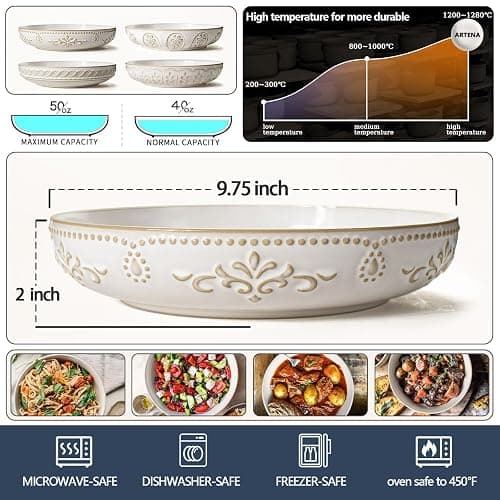 Artena Pasta Bowls, 50oz Large Salad Serving Bowls, 9.75'' Plates Bowls Set of 4, Big White Ceramic Soup Bowls for Kitchen, Embossment Shallow Dinner Bowl, Microwave Dishwasher Safe, Multiple Patterns thumbnail 2