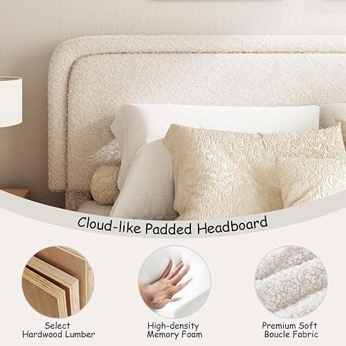 GLOLLOSPARK Queen Size Boucle Bed Frame, Upholstered Platform Bed with Height Adjustable Headboard & Soft Rounded Corners, Noise Free, Easy Assembly, No Box Spring Needed, Beige thumbnail 3