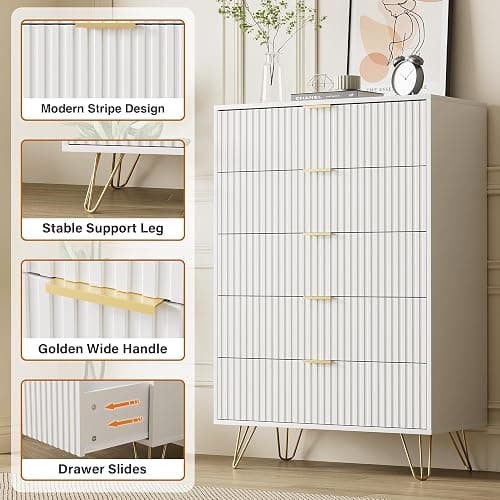 Furniway White Dresser for Bedroom, Fluted Modern Dresser with Gold Pulls and 5 Drawers, 15.7" D x 31.5" W x 47.2" H thumbnail 5