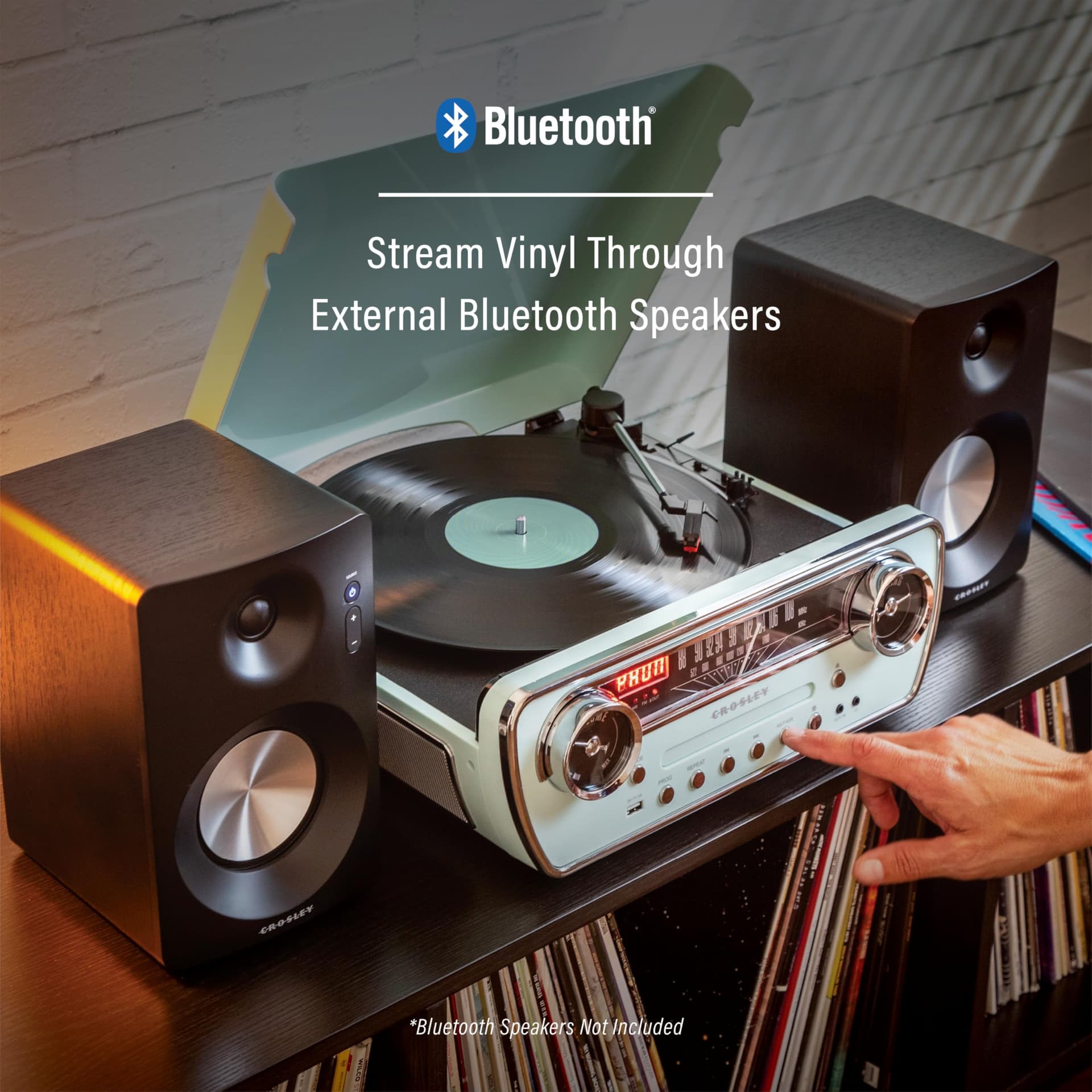 Crosley Powel 7-in-1 Record Player with Speakers & CD Player - Vintage Car Design Bluetooth Turntable Entertainment System with AM/FM Radio - Retro Aqua Style for Vinyl, Digital & Wireless Music thumbnail 5
