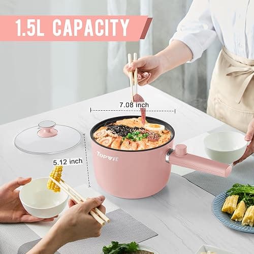 Topwit Hot Pot Electric, 1.5L Ramen Cooker, Portable Non-Stick Frying Pan, Electric Pot for Pasta, Steak, BPA Free, Electric Cooker with Dual Power Control, Over-Heating & Boil Dry Protection, Pink thumbnail 2