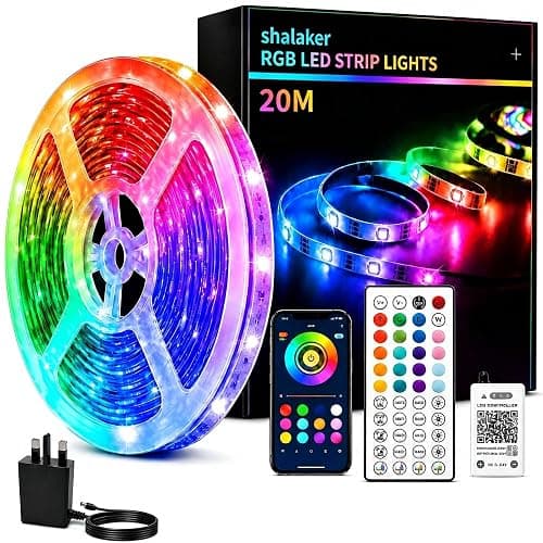 shalaker 20M RGB LED Strip Lights for Bedroom, Music Sync Colour Changing LED Tape with Bluetooth App & Remote, 16M Colours, Dimmable, Timing Mode, Self-Adhesive for Home Party Kitchen Decor - Image 1