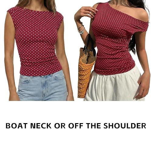 EMMIOL Off Shoulder Tops for Women Cute Sleeveless Polka Dot Shirts Ruched Sexy Going Out Tank Top Y2K Clothes thumbnail 3