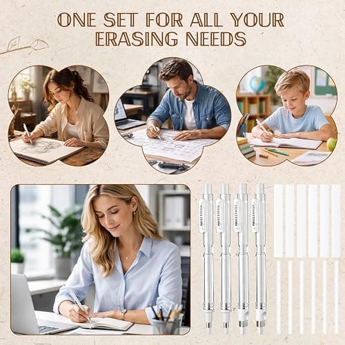 4 Pack Retractable Eraser Pen, 2.3mm Round & 2.5mm Rectangular Tips, Mechanical TPE Eraser Pen with 12 Refills, Pen-Style Erasers for Artists, Students & Professionals Drawing, Drafting, Art & Writing thumbnail 6