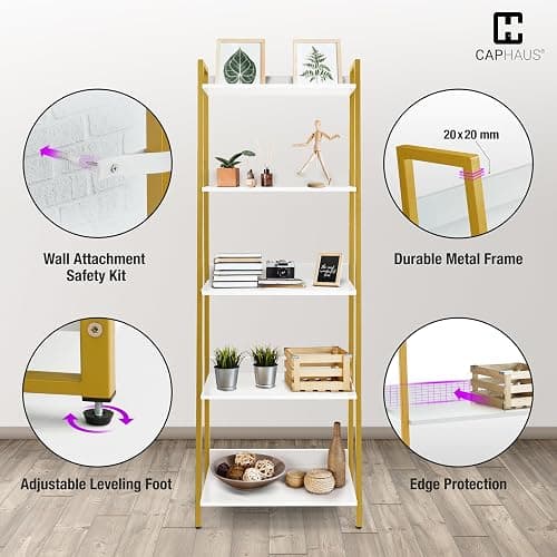 CAPHAUS 5 Tier Ladder Bookshelf, 24 Inch Width Free Standing Shelf, Bookcase Shelf Storage Rack Organizer, Industrial Book Shelves for Home Office, Living Room, Kitchen, White Shelves & Gold Frame thumbnail 5