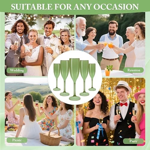 LEYIQU Green Champagne Flutes Set of 24, Plastic Pure Acrylic Glasses Goblets Cups Shatterproof Reusable, for Valentine’s Day Wedding Party Mimosa Bar Anniversary Event Drinks thumbnail 3
