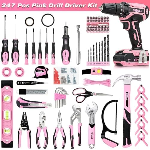 SHALL 247Pcs 20V Cordless Drill Driver & Household Tool Kit for Women, Pink Electric Power Drill Screwdriver and Home Hand Tool Set with 14” Storage Tool Bag for DIY, Home Repair/Maintenance thumbnail 2