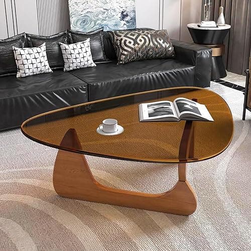Triangle Coffee Table in Walnut Mid Century Modern Solid Wood Base and Triangle Clear Glass Coffee Table for Living Room Low Minimalist Tea Table Coffee Tables (32.3 * 22.4 * 16, Walnut Teal) thumbnail 5