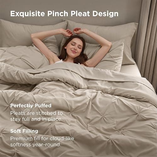 Bedsure Queen Comforter Set Beige - Bed in a Bag Queen Size Bedding 7 Pieces, GentleSoft™ Pintuck Bed Set Gift for Family, Pinch Pleat All Season Comforter with Sheets, Pillowcases & Shams thumbnail 4