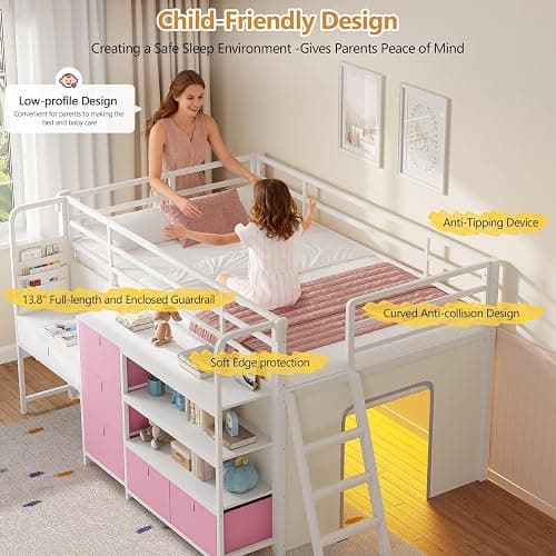 DICTAC Low Loft Bed with Desk and 6 Storage Drawers Twin Loft Bed with Bookshelf,LED Lights & Under-Bed Play Space,Kids Twin Beds with 13.8''H Safety Guardrail,Inclined Ladder&Play Curtain,Pink+White thumbnail 4