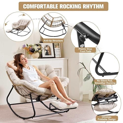 Oversized Rocking Chair with Foot Rest & Ottoman, Outdoor Reading Chair, Comfy Rocking Chair for Patio Porch Balcony, Cozy Indoor Reading Nook Chair, Chaise Lounge Chair Indoor, Big Comfy Chair, Beige thumbnail 4
