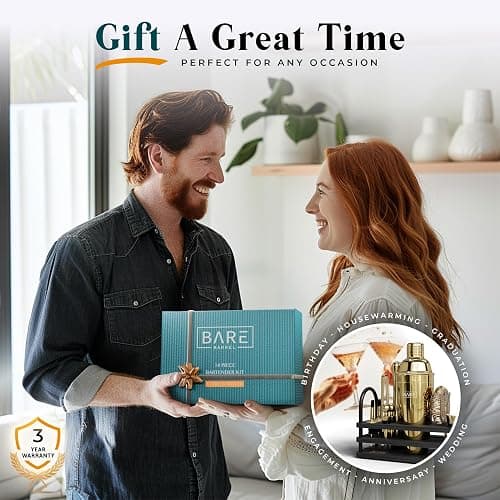 BARE BARREL® Mixology Bartender Kit Bar Set | 14-Piece Cocktail Shaker Set | Martini Barware Mixing Tools for Home Bartending | 35 Recipe Cards | Gift Set (24oz Cobbler Shaker, Gold/Black) thumbnail 7