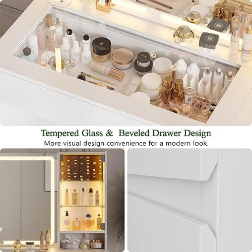wanan Vanity with Glass Top, White Vanity Desk with Mirror and Lights, Jewelry Storage, Power Outlet, 3 Adjustable Lighting Modes, Makeup Vanity with 2 Drawers for Bedroom thumbnail 4