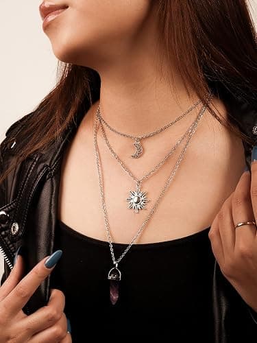 Sacina Gothic Layered Crystal Sun and Moon Necklace, Moon and Sun Pendant, Gothic Goth Emo Grunge Necklace, Goth Jewelry, Halloween Christmas Jewelry Gift For Women thumbnail 3