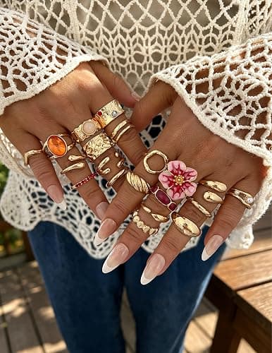 20Pcs Gold Ring Set for Women Chunky Boho Stack Flower Statement Rings Pack | Statement Midi Stackable Rings Set, Chunky Boho Flower Rings, Adjustable Suitable All Occasions, Great Gift for Women thumbnail 2