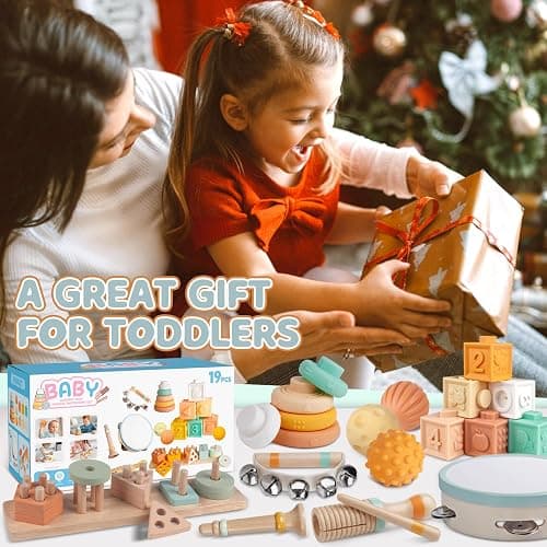 Montessori Baby Toys for 1 Year Old, Wooden Musical Instruments for Toddlers 1-3, Infant Sensory Teether, Stacking Toy Shape Sorter, Neutral Color Educational Birthday Gift for Kids 3+ (8 IN 1) thumbnail 7