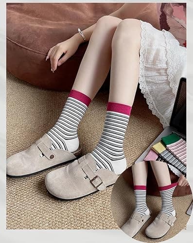 Tuuwjo 5 Pairs Colorful Striped Socks for Women Girls Cute Vintage Cotton Crew Socks Retro Athletic Casul Calf Socks thumbnail 5