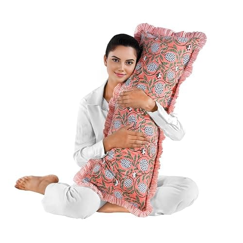 Ridhi Dark Salmon Pink 100% Cotton Block Print Ruffle Lumbar Sham Cover Handmade Boho Floral Pillowcase, Farmhouse Cottagecore Bedding, Soft Decorative Cushion Cover for Bedroom Décor 14 x 36 Inch thumbnail 8