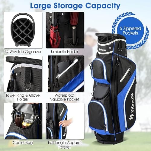 ULTIMATE 14-Way Golf Stand Bag, Portable Golf Bag w/ 6 Pockets,Cooler Bag & Waterproof Valuable Pocket, Rain Hood, Ergonomic Dual Strap System & Carrying Handles, 5 LBS Lightweight for Adults thumbnail 2