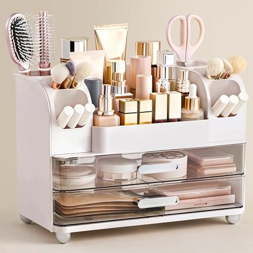 HBlife Makeup Organizer for Vanity with Brush Holder, Large Bathroom Countertop Cosmetic Organizer Skin Care Storage, Easy to Store Lipsticks, Nail Polishes, Perfumes, Eyeshadow Palettes, White - Image 1