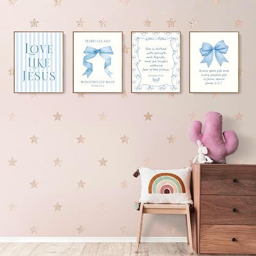 LARTSFRO Coquette Blue Bow Jesus Wall Art Decor Posters, Light Blue Bow Christian Room Bathroom Bedroom Dorm Wall Art Decor Aesthetic for College Teen Girls Gifts, Inspirational Bible Verses Bow Wall Decor, 10x8 Inch Set of 4 Bow Pictures(UNFRAMED) thumbnail 3