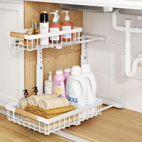 PXRACK Under Sink Organizer, Adjustable Height, 2 Tier Pull Out Under Cabinet Organizer, Slide Out Thickened Metal Under Sink Storage for Kitchen Bathroom Laundry Pantry Cabinet, White, Large-2-Pack thumbnail 9