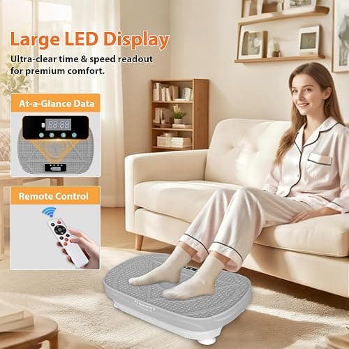 Homesy Vibration Plate Exercise Machine for Lymphatic Drainage | Includes 2 Resistance Bands and Remote, LED display, Anti-slip Suction Cups, Fat Burning, Compact for Home Workouts thumbnail 7