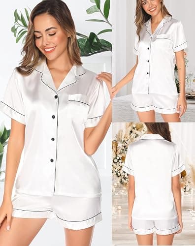 Vlazom Damen Satin Schlafanzug Kurzarm Satin Pyjama Set mit Knopfleiste Zweiteiliger Hausanzug thumbnail 2