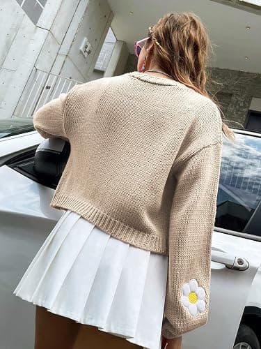 Womens Y2K Cardigan Sweaters Long Sleeve Open Front Cropped Flower Knit Cardigan Aesthetic 90s Shrug Back to College Outfits thumbnail 5