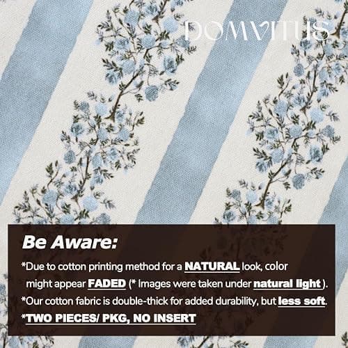 DOMVITUS Floral Throw Pillow Covers 18x18 Inch Set of 2, Block Print Decorative Pillow Covers Vintage Striped Neutral Farmhouse Boho Home Decor for Couch Sofa Bed Living Room, Light Blue thumbnail 3
