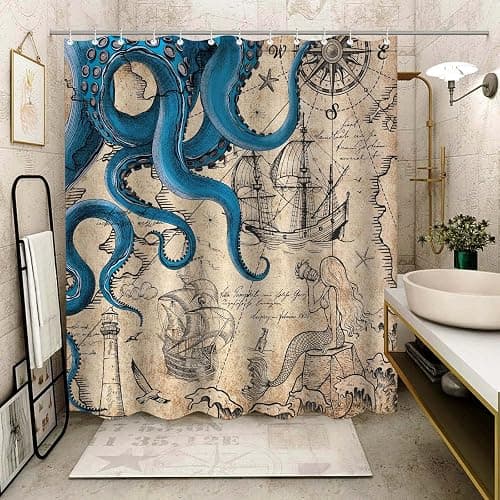 Fungarth Vintage Nautical Octopus Shower Curtain Navy Blue Mermaid Funny Ocean Kraken Shower Curtains for Bathroom Anchor Coastal Map Waterproof Fabric Bath Curtain Decor with Hooks (Retro, 72” x 72”) thumbnail 5