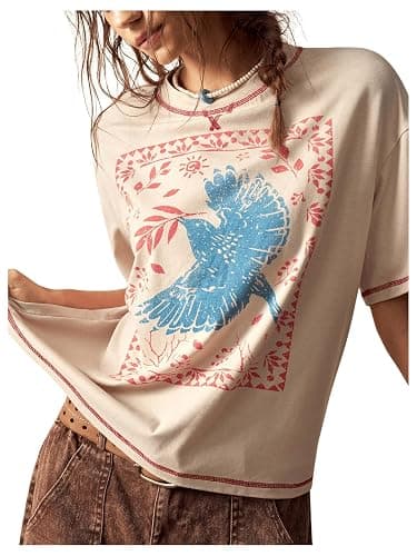 BEAUDRM Women's Graphic Boho Tshirts Vintage Hippie Short Sleeve Tee Top | Vintage 70s Outfits, Western, Animal Print, Cowgirl Tee, Boho Graphic T Shirt, Streetwear - Image 1