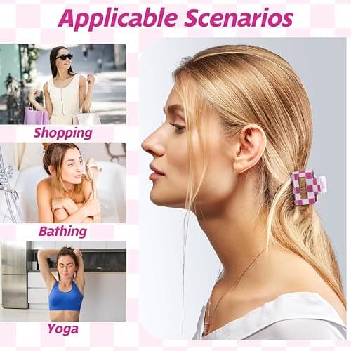 4Pcs Checkered Hair Claw Clips, Non-Slip Hair Jaw Clips for Thick, Thin, Curly, Straight, Long Hairstyle, Simple Style Purple and White Square Claw Clip, Purple Accessories for Women thumbnail 4
