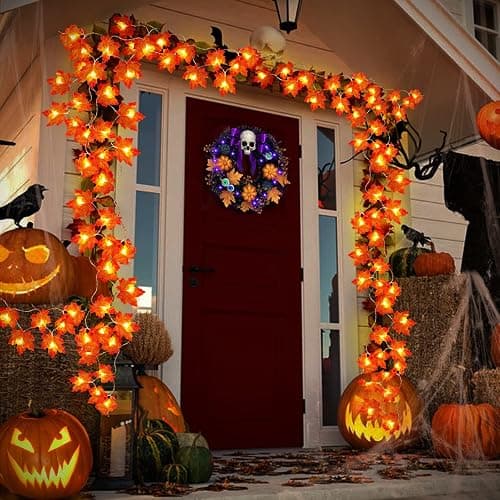 Timer&3 Pack Halloween Fall Decor 30Ft Fall Garland with Lights 60LED | Patented Realistic Maple Leaves Garland Halloween Fall Decorations for Home, Battery Operated Waterproof Thanksgiving Decor thumbnail 5