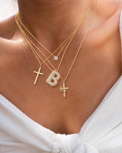 Tewiky Crown Cross Necklace for women-Dainty Sterling Silver/14k Gold Cubic Zirconia Pendant Necklaces Simple Gold Cross Pendant Necklace Cute Tiny Gold Jewelry thumbnail 8