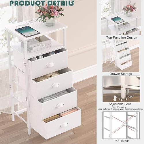sthmec Nightstand with Charging Station,LED White Nightstand with 4 Fabric Drawers PU Finish, Bedside End Tables, 2-Tier Open Storage Shelf Side Table Nightstand with Drawers for Bedroom,White thumbnail 5