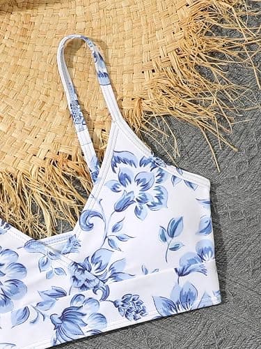 QJQ Girl's 3 Piece Floral Swimsuit Cute V Neck Bikini Set High Waisted Bathing Suit Sheer Mesh Cover Up Skirt thumbnail 2