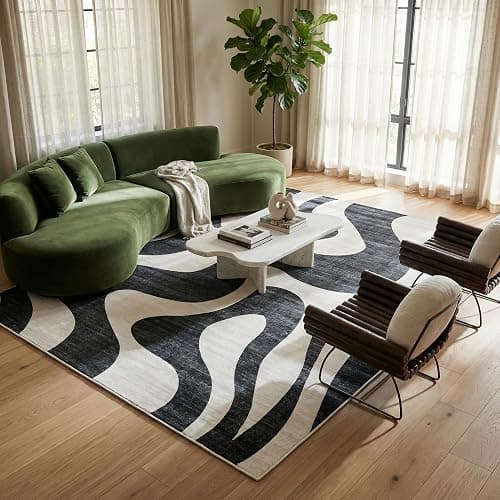 Rug Branch Elliot 7' x 10' (6'7" x 9'6") Black/White Abstract Wave Area Rug, Contemporary, Medium Pile, Stain-Resistant Carpet - Living Room, Bedroom, Dining Room, and Kitchen thumbnail 4