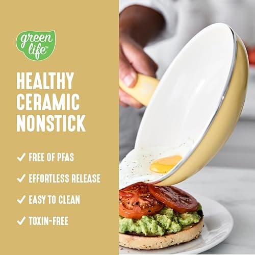 GreenLife 16 Piece Nonstick Cookware Set, Soft Grip Non-Toxic PFAS-Free Ceramic Pots & Pans, Dishwasher & Oven Safe, Frying, Sauce, Saute, Utensils, Glass Lids, Stay-Cool Handles, Wobble Free, Yellow thumbnail 2