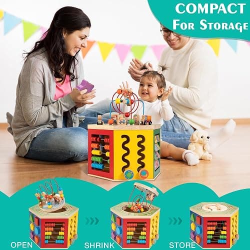 Large Activity Cube, 9-in-1 Farm-Themed Wooden Play Center, Multipurpose Montessori Toy for 1-2 Year Old Baby Toddler Kid, First Birthday Gift | Bonus Magnetic Train Cars thumbnail 6