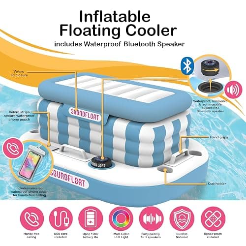 Inspired Living Inflatable Cooler with Lid, Bluetooth 5 IPX7 Waterproof Speaker, 6 Cup Holders, 24 Can Capacity, Floating Pool Bar, Durable Handles, Beach Party, Pool Accessories for Adults, thumbnail 2