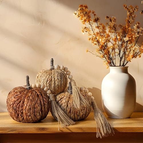 Wesiti 3 Pcs Rattan Pumpkin with Tassel Beads Boho Neutral Fall Thanksgiving Decor Handmade Artificial Woven Pumpkin Table Centerpieces Farmhouse Autumn Decorations for Indoor Mantel Harvest Halloween thumbnail 5