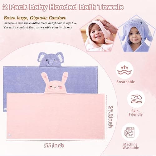 FOINEMYED 2 Pack Hooded Towels for Toddlers - Thick 55" x 27.5" Baby Bath Towel Set for Girls and Boys - Super Absorbent, Age 1-5, Elephant & Rabbit thumbnail 2