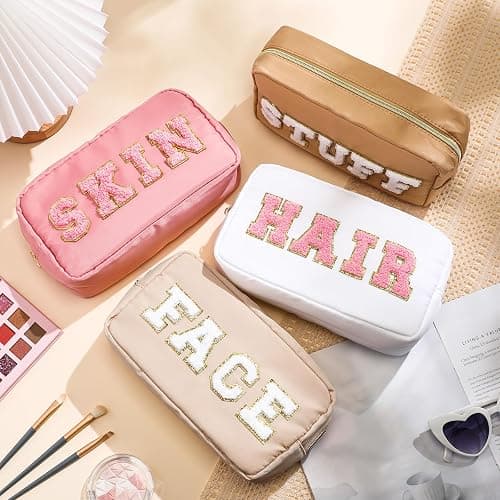 Remerry 4 Pcs Nylon Cosmetic Bag Travel Organizer Chenille Letter Makeup Pouch Zipper Preppy Waterproof Hair Bag Toiletry Pouch for Women Girls(Light Brown, Beige, Light Pink, White) - Light Brown, Beige, Light Pink, White thumbnail 3