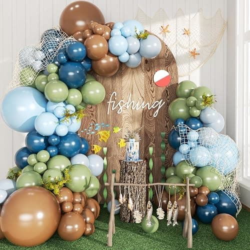 CROSSFINGERS Fishing Blue and Sage Green Balloon Arch Garland Kit, 149pcs Light Blue Brown Gray Balloons Different Size for Fishing Theme Birthday Baby Shower Party Decorations - Image 1