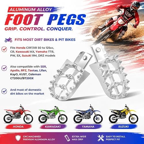 Dirt Bike Foot Pegs - Wide CNC Aluminum Anti-slip Footpegs for CRF50 CRF70 CRF110 XR50 XR70 XR100 50-125cc, Coleman CT200U BT200X, SSR Apollo RFZ TaoTao Lifan Kayo and more (Silver, Type A) thumbnail 6