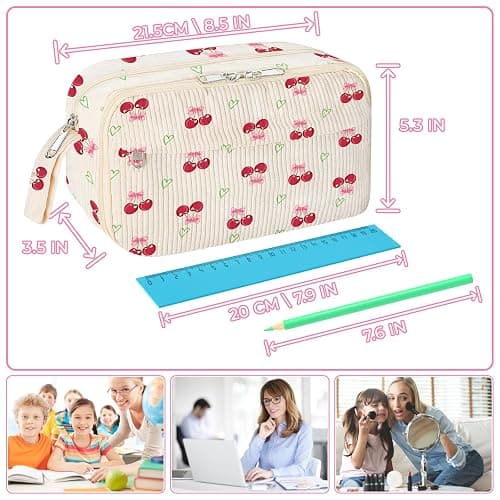 WOBAGMEN Cute Pencil Case for Girls,Large Corduroy Zippered Pencil Case Pouch, Aesthetic Pencil Bag with Compartments, Soft Pencil Pouch School Supplies for Teen Girls Boys and Women(Cherry) thumbnail 3