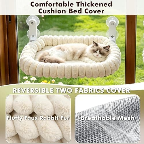 AMOSIJOY Cordless Cat Window Perch, Window Hammock for Cats with 4 Strong Suction Cups, Solid Metal Frame and Cushion Bed Cover, Indoor Cat Bed (L,Stripe) thumbnail 7