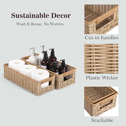 Rectangular Toilet Paper Baskets, 16 ¼"L x 6 ¾"W x 4 ½"H Nesting Plastic Wicker Basket with Built-in Handles, Woven Long Narrow Baskets for Pantry Bathroom Toilet Tank Top Countertop, 2 Pack thumbnail 5